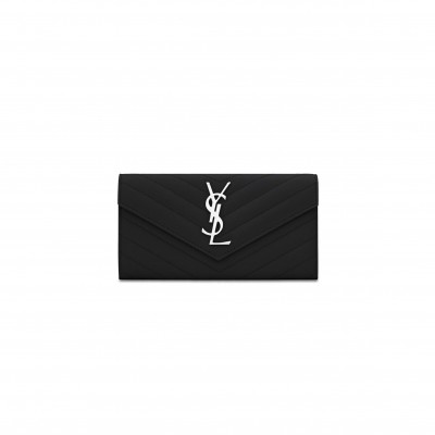 YSL CASSANDRE MATELASSÉ LARGE FLAP WALLET IN GRAIN DE POUDRE LEATHER 372264BOW021000 (19*11*3cm)